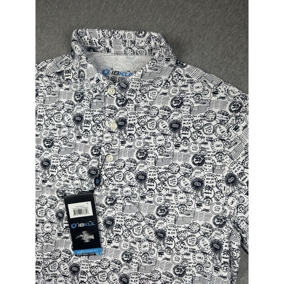 Ibkul Polo Shirt Mens Small White Black Antique Stamp Postmark AOP Icefil UPF - Picture 1 of 7